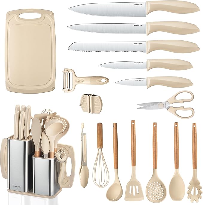 RAXCO Kitchen Set,18-Piece Silicone Cooking Utensils and Stainless Steel Chef's Knives,Khaki