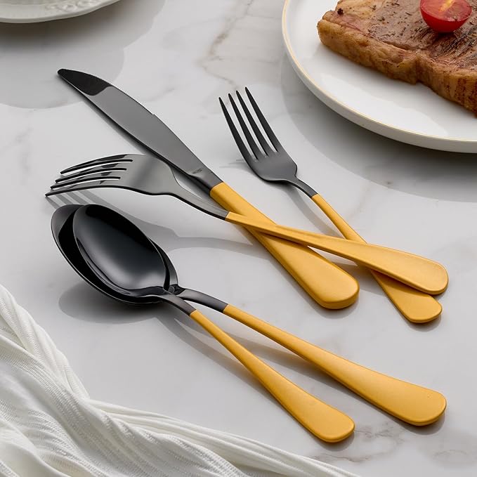 20-Piece Yellow Silverware Set 18/0 Stainless Steel Black Silverware Set Yellow Handle Cutlery Black Set Service for 4 Dinner Knives Forks Spoons Set Flatware Set Finish Dishwasher Safe