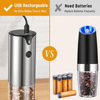 Rechargeable Electric Salt and Pepper Grinder Set - Extra Large Capacity - Automatic Black Peppercorn & Sea Salt Spice Mill Set with Adjustable Coarseness & LED Light Refillable