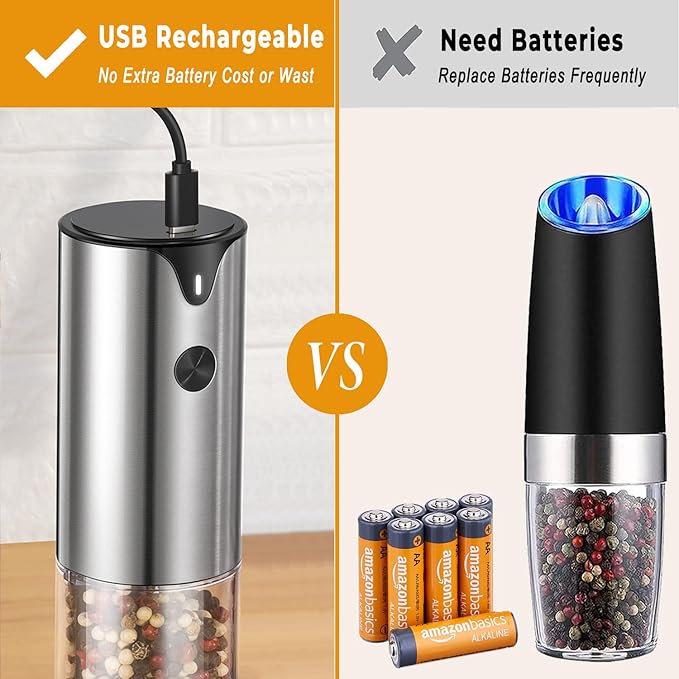 Rechargeable Electric Salt and Pepper Grinder Set - Extra Large Capacity - Automatic Black Peppercorn & Sea Salt Spice Mill Set with Adjustable Coarseness & LED Light Refillable