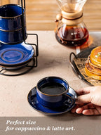 Gomakren 6 Ounce Cappuccino Cups with Saucers and Metal Stand, Stackable Coffee Cup Set of 4, Halloween Porcelain Espresso Cups for Coffee Drinks, Cappuccino, Latte, Americano, Tea, Cobalt Blue
