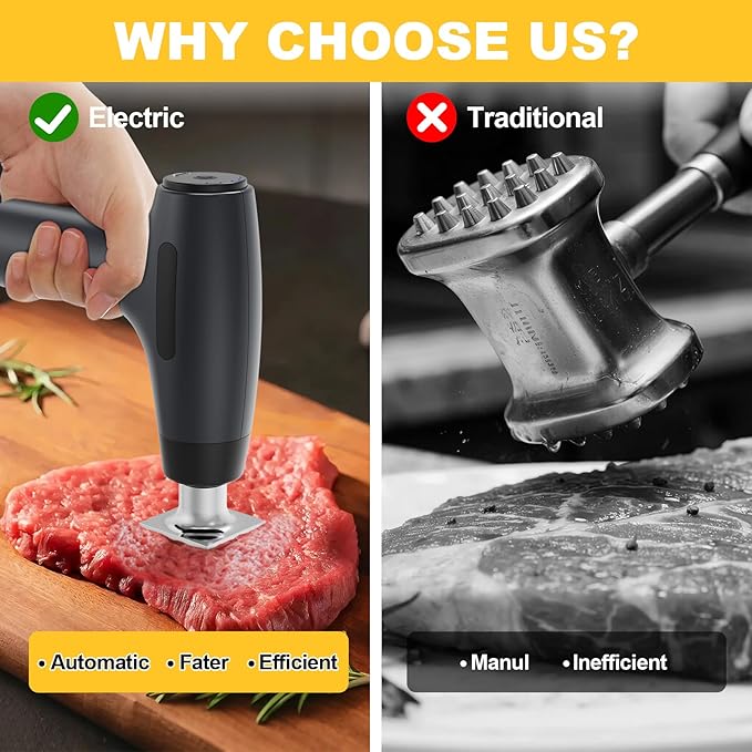 Electric Meat Tenderizer Tool - Meat Mallet 5 Adjustable Speeds, Auto Pressure Sensing, Stainless Steel Detachable Head, 1200mAh Battery for Beef Steak Chicken Pork Kitchen Use