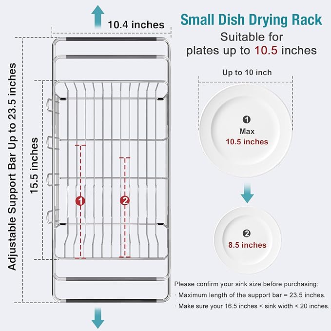 MAJALiS Sink Dish Drying Rack - Use for Countertops & in-Sinks & Over-Sink, Stainless Steel Dish Drainers for Kitchen Counter, Inside Sink Dish Dryer Racks, 10.4''W x 15.5''~23.5''L, Silver