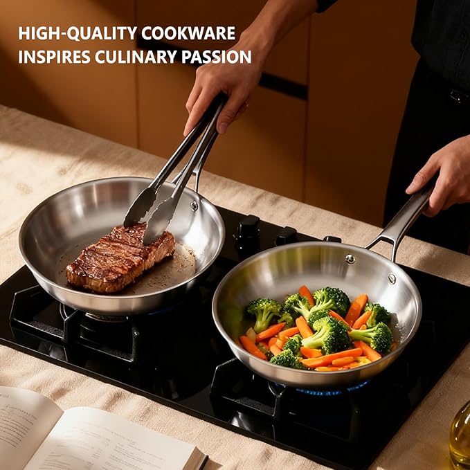 ROVSUN 8-10-12 Inch Stainless Steel Cookware Set, Tri-Ply Skillets Set with Lids, Full Clad Stainless Steel Chef's Pan, PFOA & PTFE Free Skillets, Compatible for All Cooktops, Dishwasher & Oven Safe