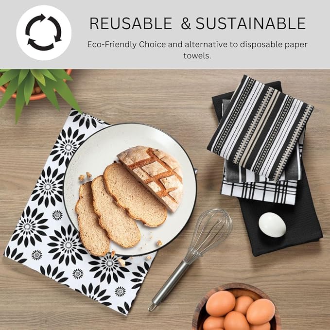 Assorted Kitchen Towels Large 16x26 Inch 100% Cotton Set of 5 - Dish Cloths Towels with Hanging Loop - Soft Absorbent Washable Tea Towels for Kitchen - Quick Drying Dish Towels Black