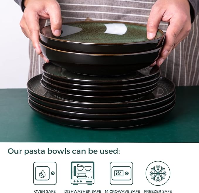 LERATIO 9.0" Pasta Bowls,38oz Ceramic Pasta Bowls,Reactive Glaze Pasta Bowl Set of 4,Microwave & Dishwasher,Oven Safe,Large Wide Serving Bowls for Salad, Dessert,Scratch Resistant-Green