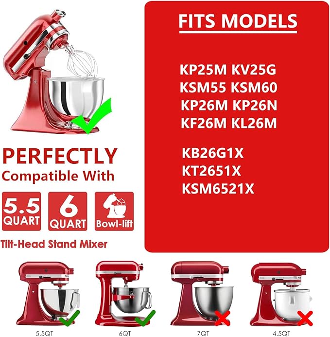 Stainless Steel 3 Piece kit Attachments for KitchenAid Stand Mixer and 5.5-6 Quart Bowl, Dishwasher Safe (5.5-6QT Flat Beater, 6QT Dough Hook, KN256 6-Wire Whip Attachment)