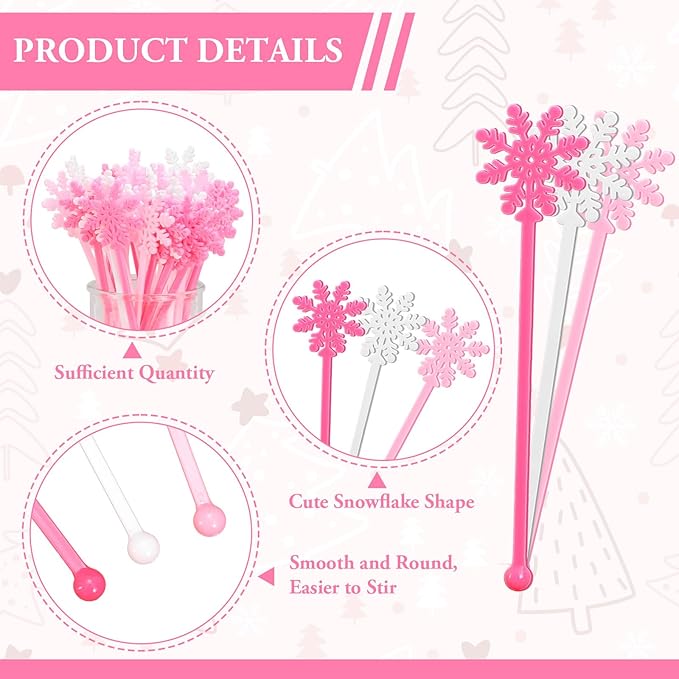 48Pcs Snowflake Coffee Stirrers Pink White Snowflake Cocktail Stir Sticks Winter Plastic Drink Swizzle Stick for Hot Chocolate Bar Supplies Xmas Home Party Decor