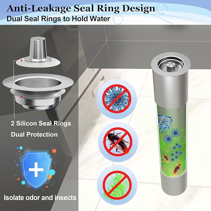 3 in 1 Kitchen Sink Drain Strainer Pop up Sink Stopper,Durability Stainless Steel Anti-Clogging Strainer Basket Odor Prevention Plug Stopper for US Standard 3-1/2” Drain