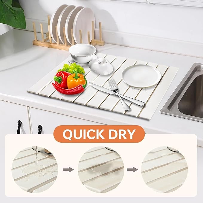 Large Stone Dish Drying Mats for Kitchen Counter, 24"(L)×16"(W) Collapsible Diatomaceous Earth Mats, Eco-Friendly Absorbent Dish Drying Mat for Dishes Bottles Cups, Match Any Countertop