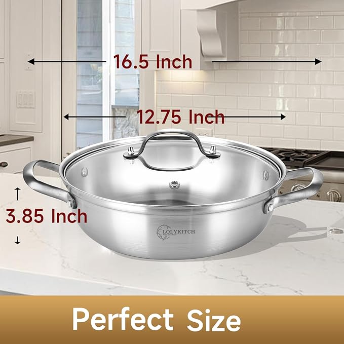 LOLYKITCH 13 Inch Tri-Ply Stainless Steel Sauté Pan with Lid,Everyday Pan,Kadhai,Jumbo Cooker,5 QT Induction Cooking Pot,Dishwasher and Oven Safe