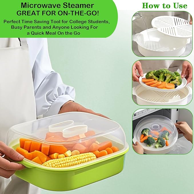 Microwave Steamer for Vegetables, Plastic Microwave Vegetable Steamer with Lid for Vegetables Prep Seafood Fish Cooking, Green-Rectangle, 10.6Inch