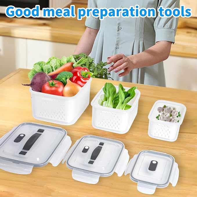 4 Pack Fruit Storage Containers for Fridge with Removable Colanders, Produce Storage Containers for Fridge, Airtight Food Storage Containers for Berry Fruit Vegetable Meat Keeper Fresh (with handle)