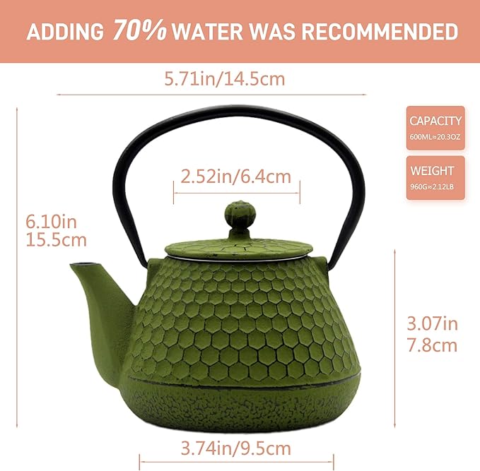 20.3oz Small Cast Iron Teapot for Personal, SECHUDO Tea Kettle for Stovetop Safe Coated with Enameled Interior, Green Tea Pot with Stainless Steel Infuser for Loose Tea (600ml)