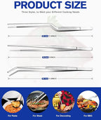 Fine Cooking Tweezers Set, Professional Stainless Steel Food Tongs, Kitchen Black Long Chef Tweezer for Cooking, Plating, Decorating and BBQ (SILVER, 12 inch)