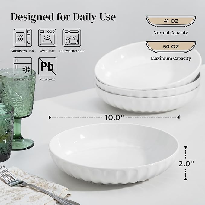 DOWAN Pasta Bowls, 10" Large Salad Serving Bowls 51 OZ White Ceramic Soup Bowls Set of 4 Wide and Shallow Plate Bowl Serving Dish for Soup, Pasta, Noodle, Dinner, Microwave & Dishwasher Safe