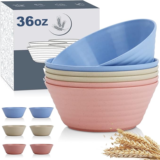 Wheat Straw Bowl Sets,6 PCS Unbreakable Cereal Bowl 36 OZ,Microwave and Dishwasher Safe Bowls,Alternative Plastic Bowls Reusable for Fruit,Oatmeal and Salad (Colorful)