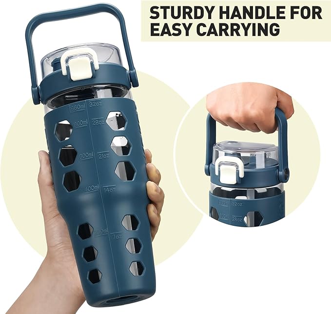 MUKOKO 32 oz Glass Tumbler with Straw,Glass Water Bottles with Time Marker,Iced Coffee Cup with Silicone Sleeve,Motivational Drinking Bottles,Leakproof-Blue