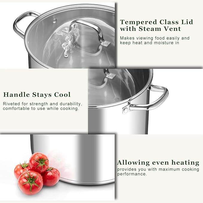 Leonyo 14 Quart Stock Pot with Lid, Stainless Steel StockPot with Lid, Tri-ply Bottom Induction Cooking Pot for Cooking, All Stove Compatible Up to 600℉ Soup Pot for Canning, Boiling, Simmer