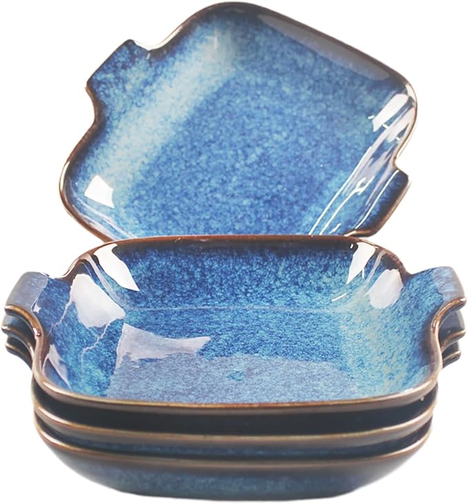 Ceramics Au Gratin baking Dishes Set of 4, Baking Tray Bake ware, 10.2 oz Ramekins, for Pie Pan, Appetizer, Tart, Dessert, Quiche, Oven Small dish, individual dishes, Square 7.8 Inch