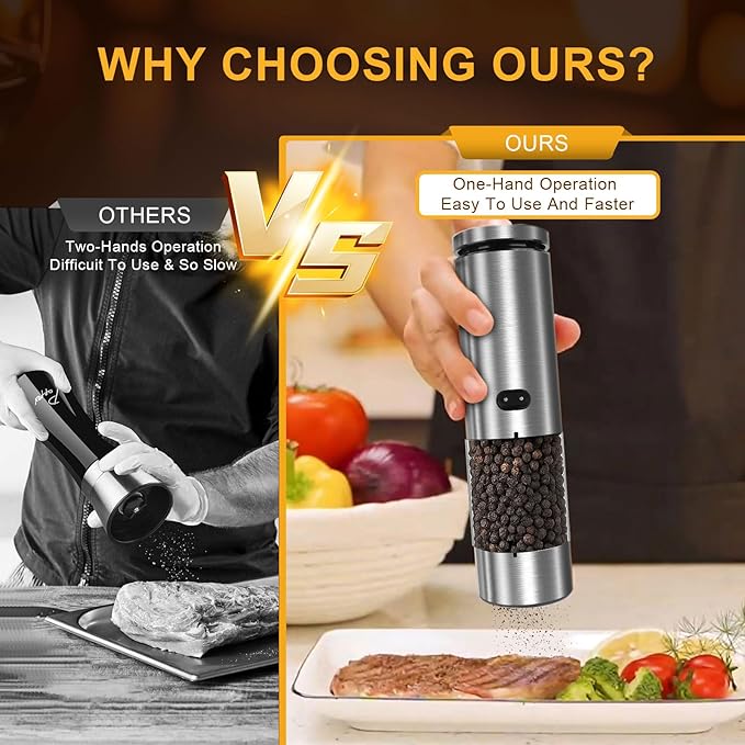 EIHO Electric Salt and Pepper Grinder Set USB Rechargeable, Upgraded External Adjustable Coarseness, Stainless Steel Automatic Salt and Pepper Shakers Mills with LED Light, House Warming Cooking Gifts