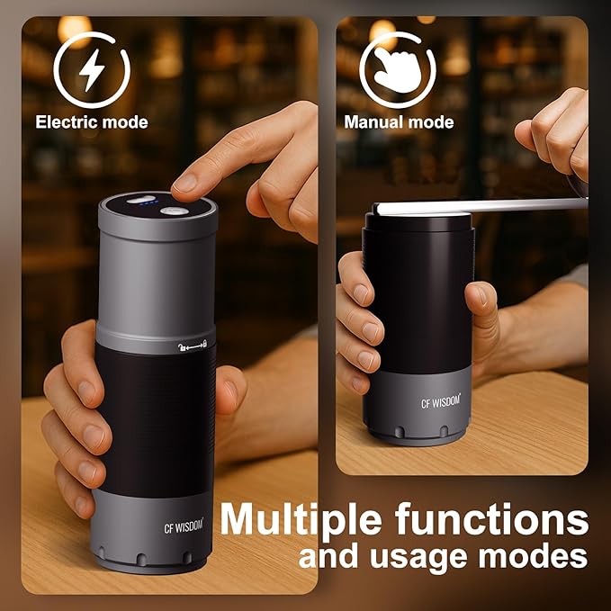 Portable Electric Coffee Grinder, Conical Burr Coffee Grinder – Dual Mode Manual & Electric Grinder Manual with Adjustable Grind Settings, Hand Bean Grinder for RV, Hiking, Office