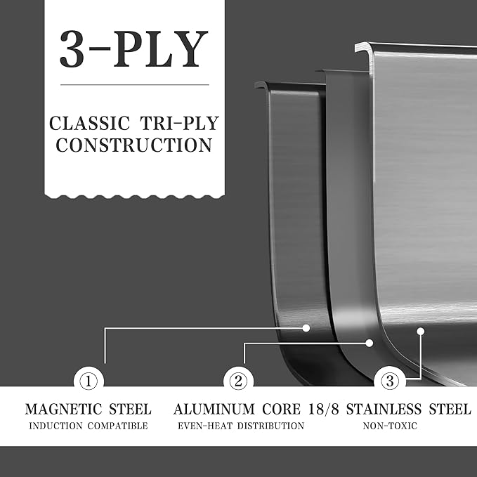 Stainless Steel Cookware Set - VONIKI Tri-ply Stainless Pots And Pans Set with Steamer Basket, Non Toxic Induction Cookware, Kitchen Cookware Sets PFOA & PTFE Free, Dishwasher and Oven Safe