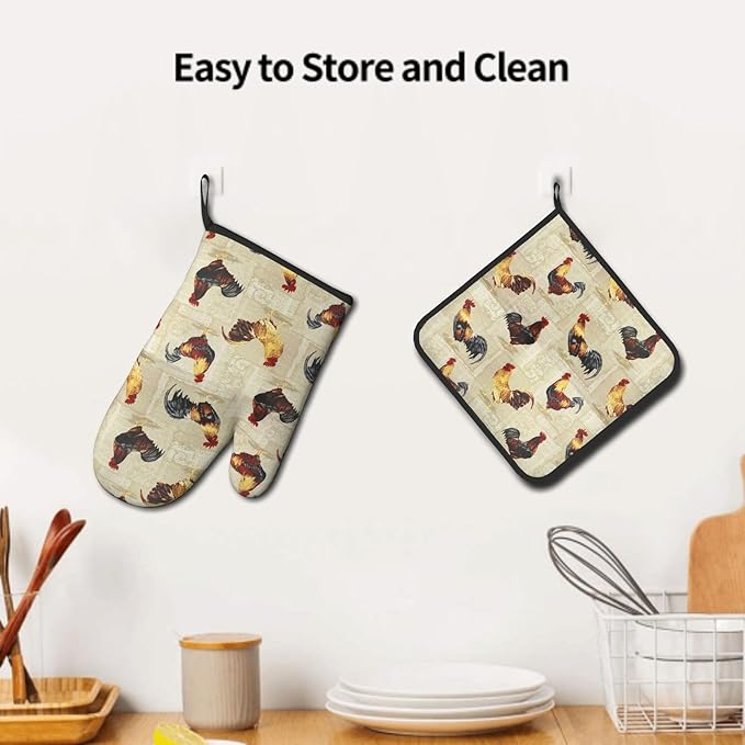 Rustic Rooster Oven Mitts and Pot Holder Set of 2 Farm Animal Print Heat Resistant Gloves Hot Pads for Kitchen Grilling Baking Cooking BBQ
