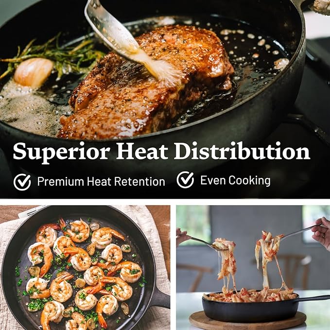 Flambo Skillet #10 - Naturally Non-Stick 10 Inch Pre-Seasoned Cast Iron Frying Pan - Smooth Nonstick Finish for Grilling, Frying, Sauteing, Searing, Baking - Use on Oven, Stove, Grill, or Campfire