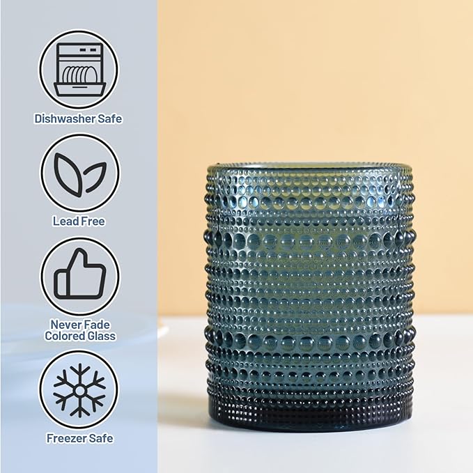 Hobnail Drinking Glasses Set of 6, Vintage Colored Glassware 11oz, Beverage Glass Cups for Water, Juice, Cocktail (Blue)