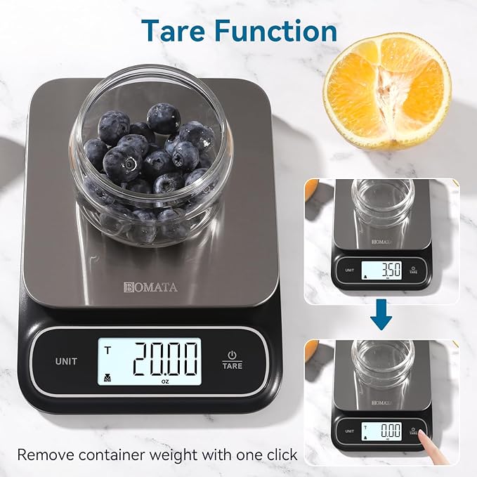 BOMATA Waterproof IPX6 Kitchen Scale, 0.1 g/0.01 oz High Precision, 5 kg/11 lbs, Digital Scale with Backlight, Stainless Steel Weighing Platform, for Food, Cooking, Baking, Weight Loss.. B619, Black