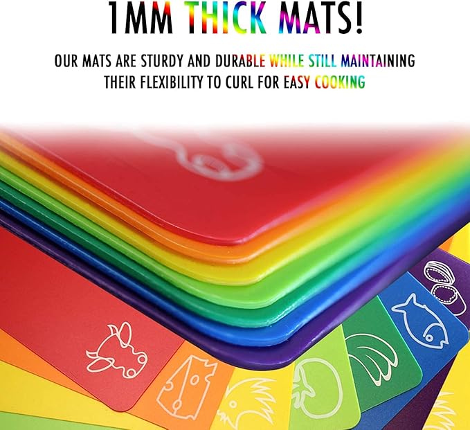 Cutting Board Mats Flexible Plastic Colored Mats with Food Icons, Fotouzy BPA-Free, Non-Porous, Anti-skid back and Dishwasher Safe, Set of 7 Rainbow - 7 Pieces