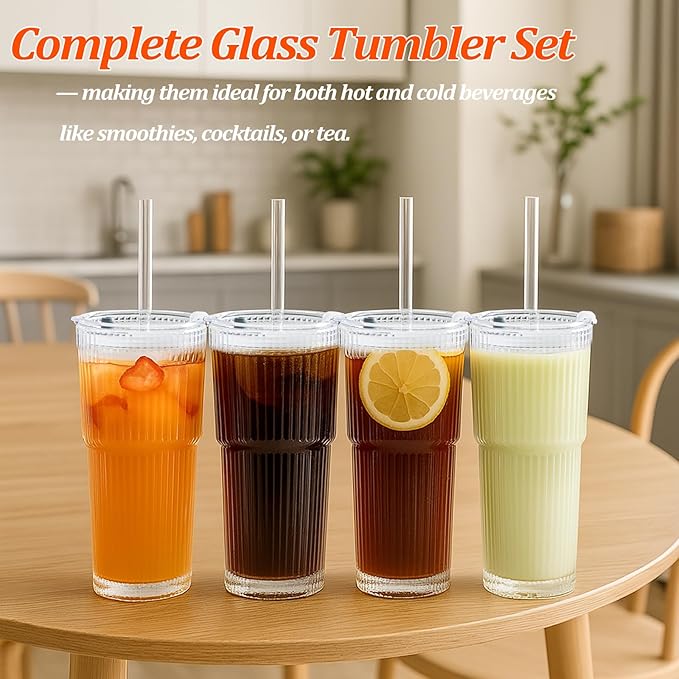 20 oz Ribbed Glass Tumblers with Lids and Straws – Set of 4 Thickened Glassware, Elegant Durable Ribbed Drinking Glasses Bulk for Iced Coffee Cups, Cocktails, Smoothies, Juice, Hot or Cold Beverages