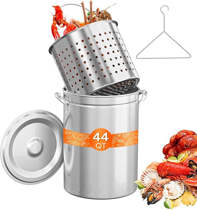ROVSUN 44QT Stainless Steel Seafood Boil Pot with Strainer Basket, Lid & Hook, Versatile Stock Pot for Crab, Lobster, Shrimp Boiling, Heavy-Duty Turkey Fryer for Outdoor Cooking & Gatherings