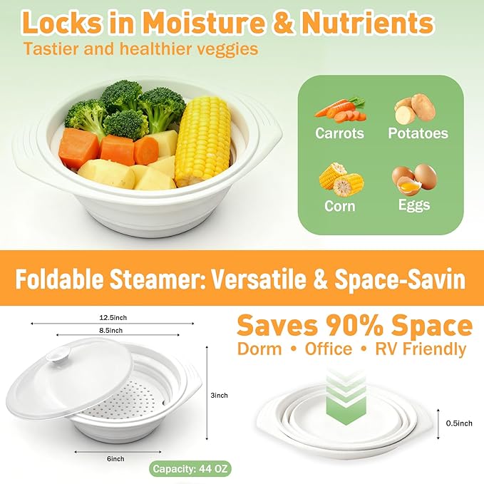 2 Pack White and Gray Silicone Steamer Microwave, 44oz Collapsible Vegetable Steamer Microwave with Magnetic Lid, Space-Saving Design, Dishwasher Safe Silicone Bowl for Cooking Veggies, Dumplings