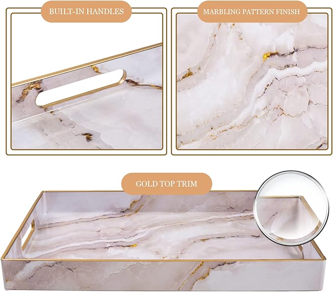 MAONAME Plastic Decorative Tray, Marbling Tray with Handles, Rectangular Coffee Table Trays, Serving Trays for Ottoman, Bathroom, Kitchen, 15.7” x 11.8”, White