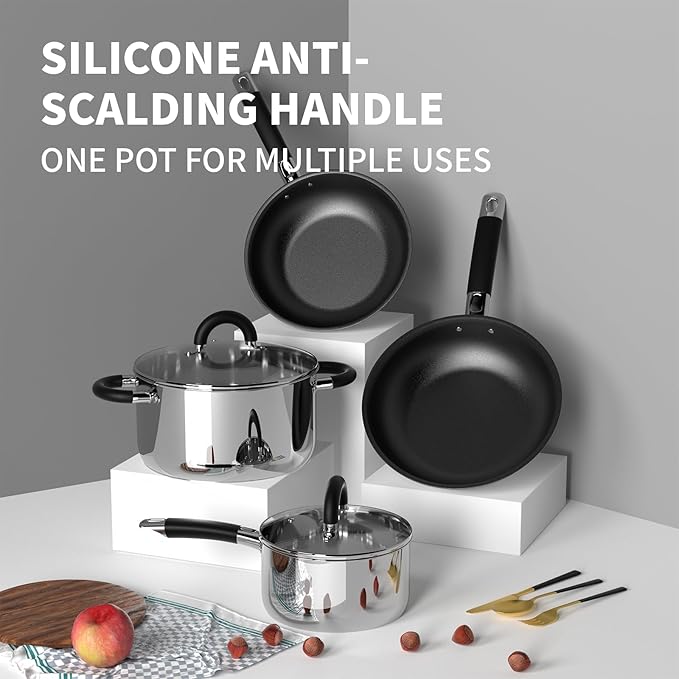 5 Ply Base Pots and Pans Set, 18/8 Stainless Steel Cookware Set of 6, Non Stick Frying Pans, Dishwasher Safe