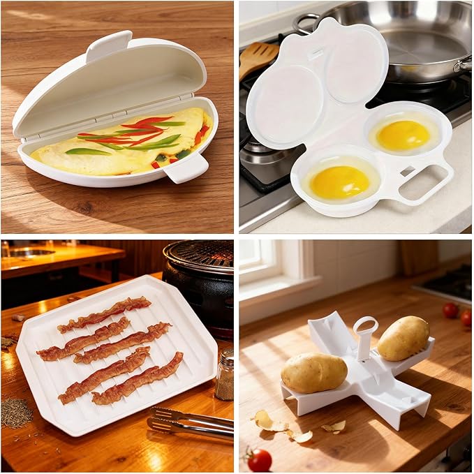 4-Piece Microwave Breakfast Set, Non-Stick Microwave Egg Poacher, Omelette Maker, Microwave Bacon Cooker & Microwave Baked Potato Cooker - Easy To Use For Quick Morning Meals(White)