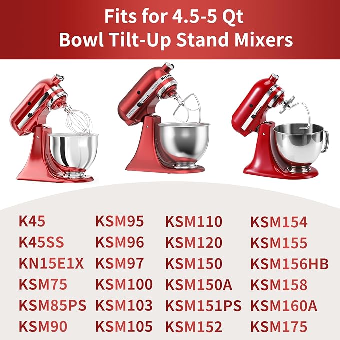 Stainless Steel Stand Mixer Attachments 3-Piece (4.5-5QT Flat Beater, 4.5-5QT Dough Hook, K45WW 6-Wire Whip Attachment) for KitchenAid Tilt-Head Stand Mixer and 4.5-5 Quart Bowl, Dishwasher Safe