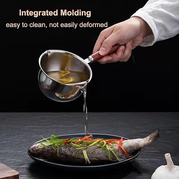 Butter Warmer Pot, Stainless Steel Milk Warmer with Wooden Handle for Seafood, Mini Butter Melting Pot Small Saucepan with Dual Pour Spouts for Stove Top Cooking (300ml)