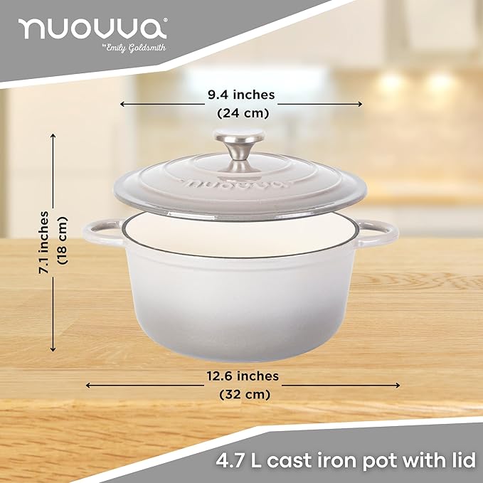 Cast Iron Pot with Lid – Non-Stick Ovenproof Enamelled Casserole Pot, Oven Safe up to 500° F – Sturdy Dutch Oven Cookware – Grey, 5-Quart, 24cm – by Nuovva