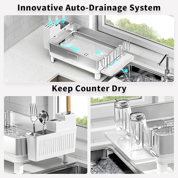 Dish Drying Rack, 304 Stainless Steel Dish Racks for Kitchen Counter, Dish Drainers with Automatic Drainage, Utensil Holder & Cups Holder, Space Saving Kitchen Organizer, White