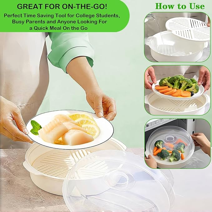 Microwave Steamer for Vegetables, Plastic Microwave Vegetable Steamer with Lid for Vegetables Prep Seafood Fish Cooking, White-Round, 10Inch