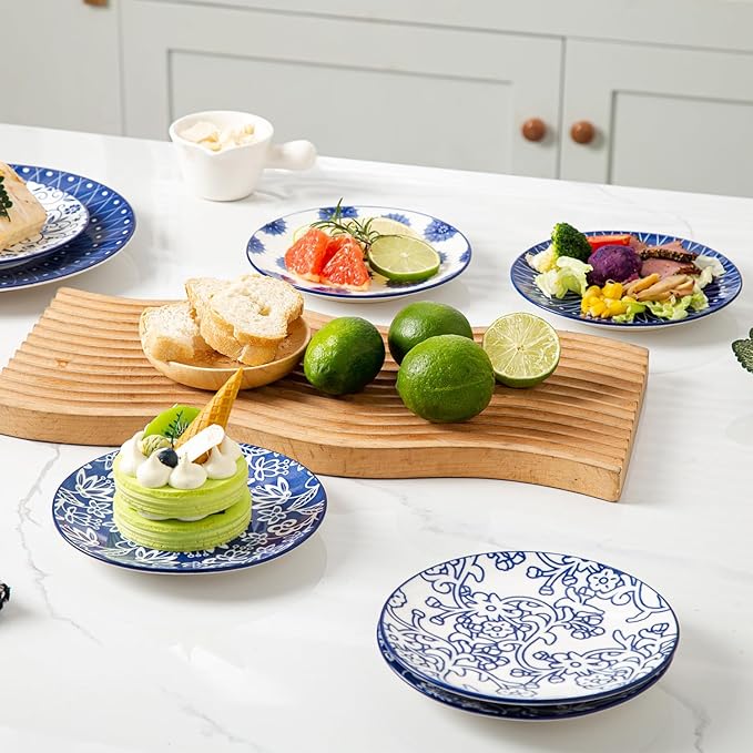 Ceramic Dessert Plates Set - 6 Inch Small Appetizer Plates for Kitchen - Salad Plate for Cake Snacks Side Dish, Microwave Dishwasher Safe, Gift, Vintage Blue