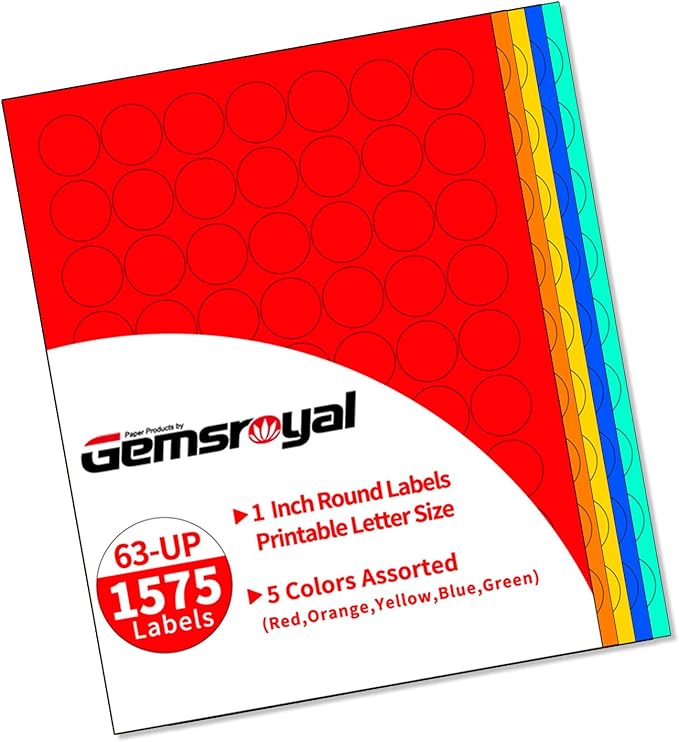 1 Inch Colored Round Labels,25 Sheets,5 Colors Assorted(Red,Orange,Yellow,Blue,Green),1 Inch Circle Stickers for Laser/Inkjet Printers,Colorful Dots Printable 1" Diameter,Letter Size