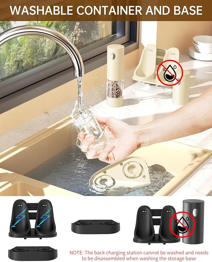 CIRCLE JOY Electric Salt and Pepper Grinder Set Automatic Salt and Pepper Grinder Set with Easy-to-Carry Charging Base and LED Light, USB Rechargeable, External Adjustable Coarseness, Light Yellow