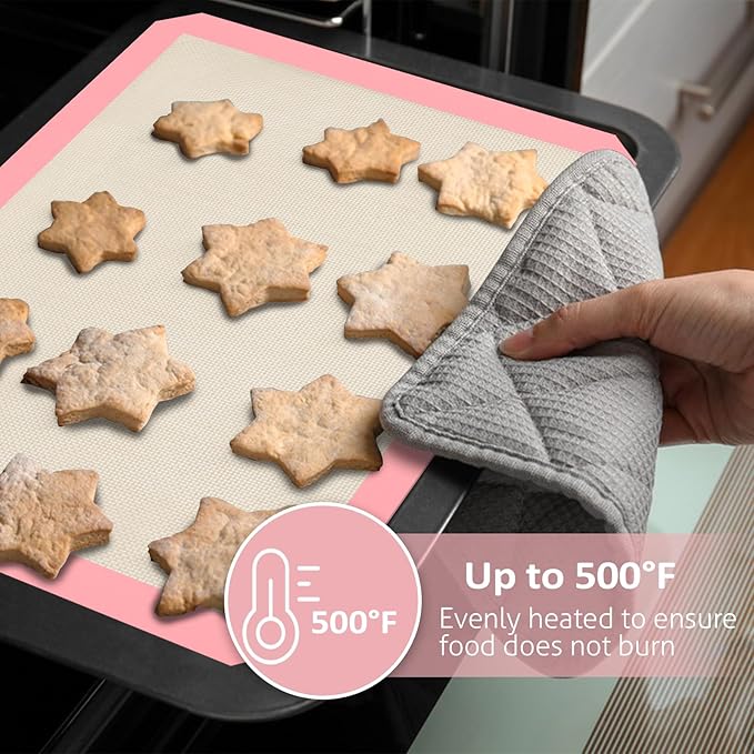 Silicone Baking Mat Set of 3, Silicone Baking Mats Cookie Sheet, Non-Stick Mats for Baking, Easy Clean & Reusable Oven Baking Sheet for Making Macaroons, Cookies (Pink)