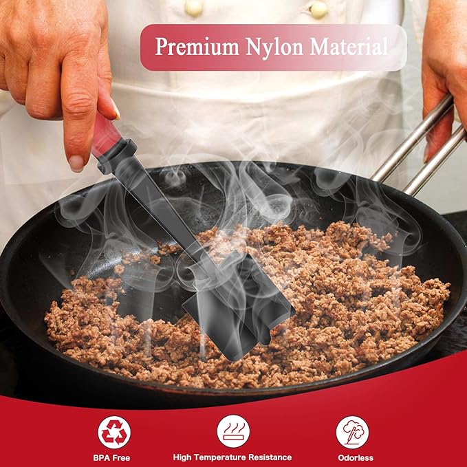 Meat Chopper, 5 Curve Blades Ground Beef Masher, Heat Resistant Meat Masher Tool for Hamburger Meat, Ground Beef, Turkey and More, Nylon Hamburger Chopper Utensil Non-scratch Utensils-red