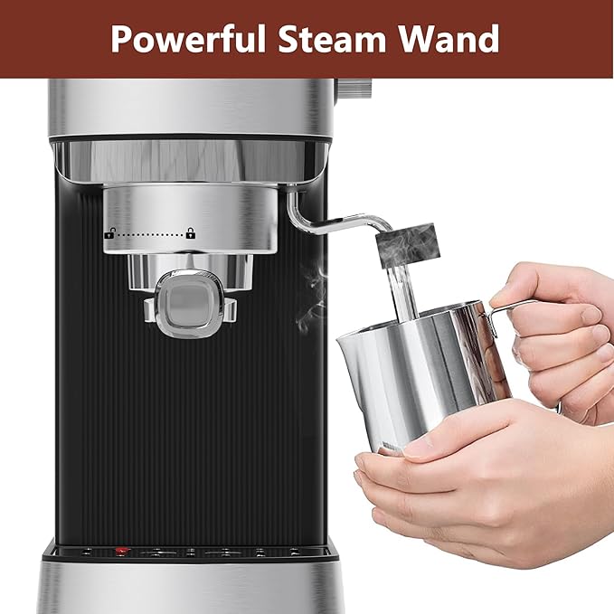 VEGETA Espresso Machine with Milk Frother, Small Coffee Maker 20 Bar with 40oz Removable Water Tank, Stainless Steel Coffee Machine for Cappuccino & Latte, Silver