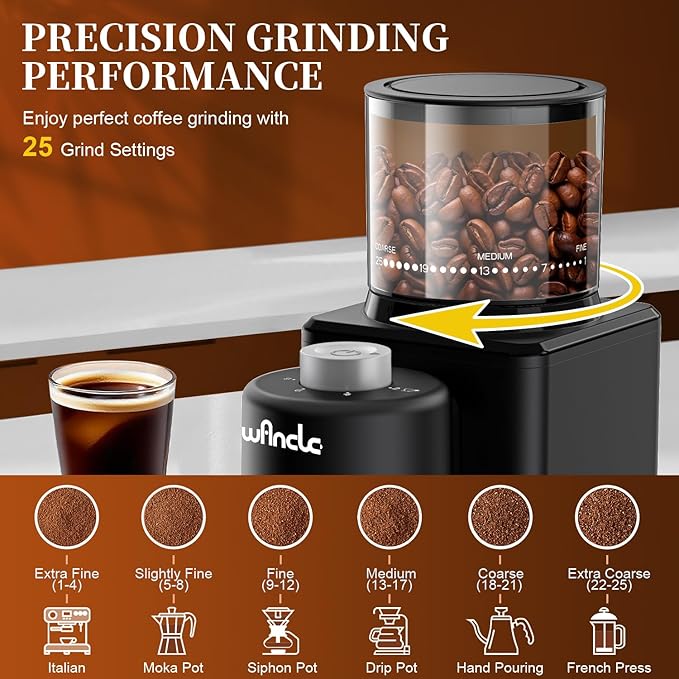 Wancle Conical Burr Coffee Grinder Electric, Coffee Bean Grinder, 25 Grind Settings-Adjustable for Espresso French Press Drip, 2-12 Cup Capacity, Low Noise, 80g Bean Capacity (Expandable to 120g)